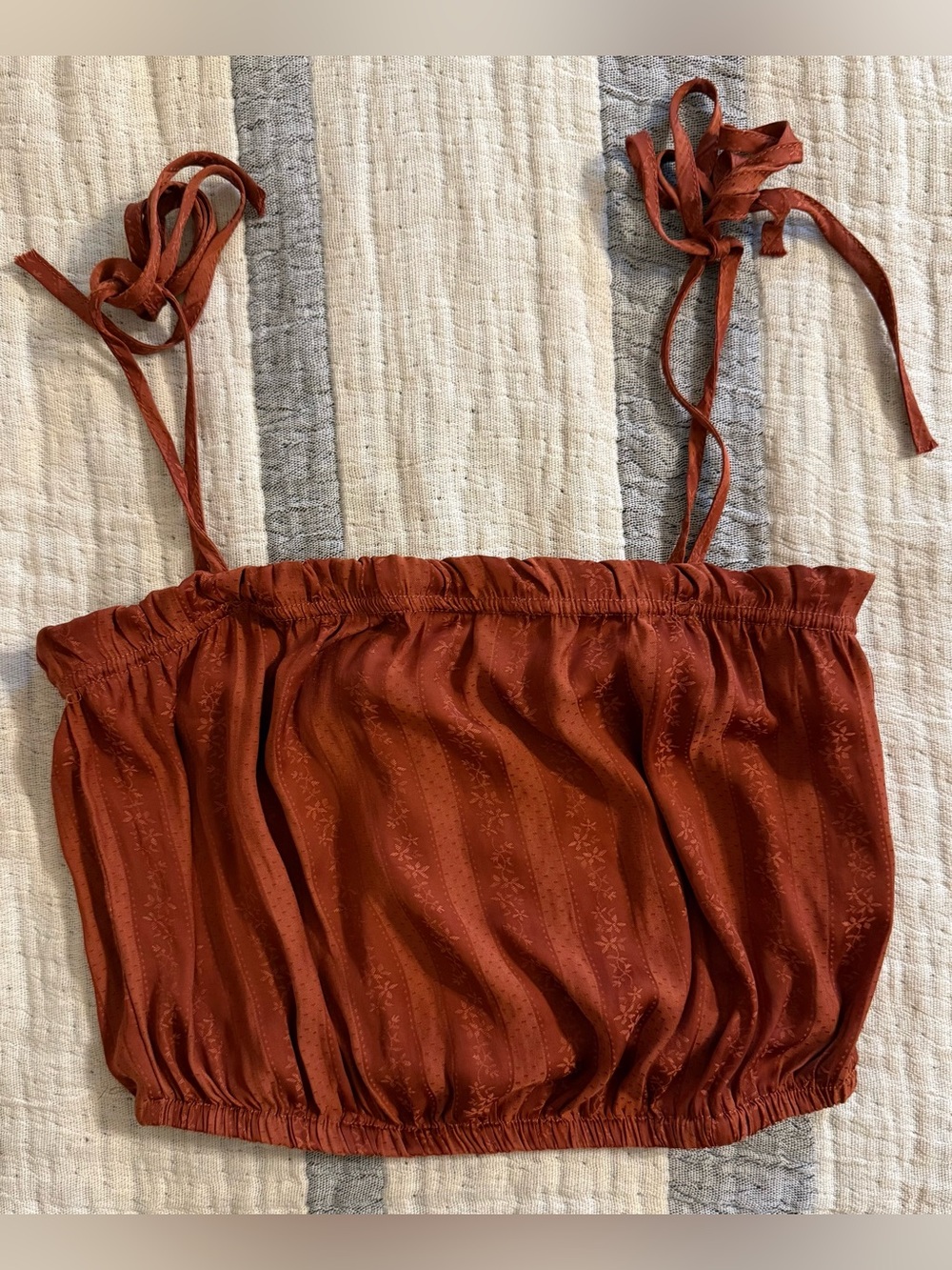 Lottie Moss Tie-Shoulder Rust Crop Top with Smocked Hem